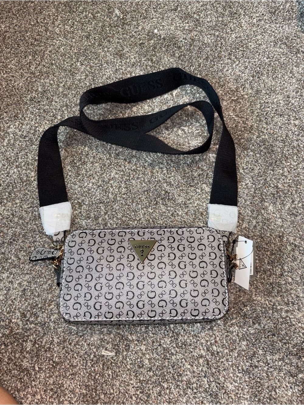 GUESS grey Logo Crossbody with Black Strap and silver logo